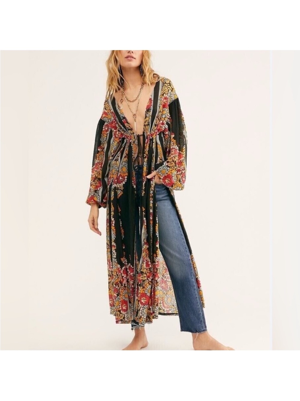 Free People S Dream Girl Maxi Top Black Floral Kimono